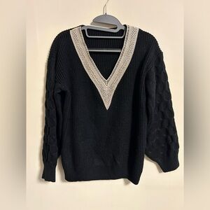 Black V-Neck Sweater with Cream Crochet Trim